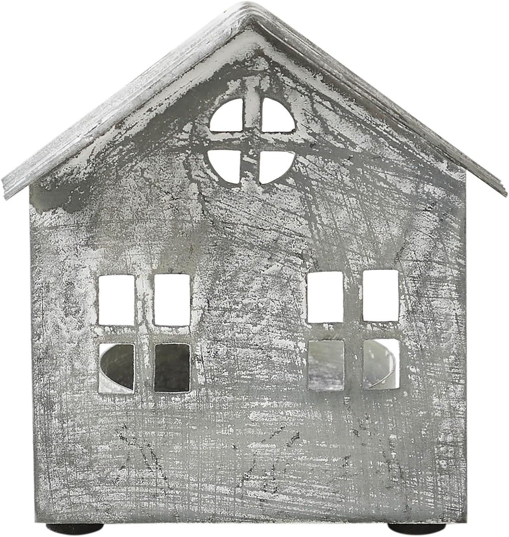 Metal Village House Tealight Holder by [Brand Name] - Antique Grey, 3.25x2.75x2 Inches
