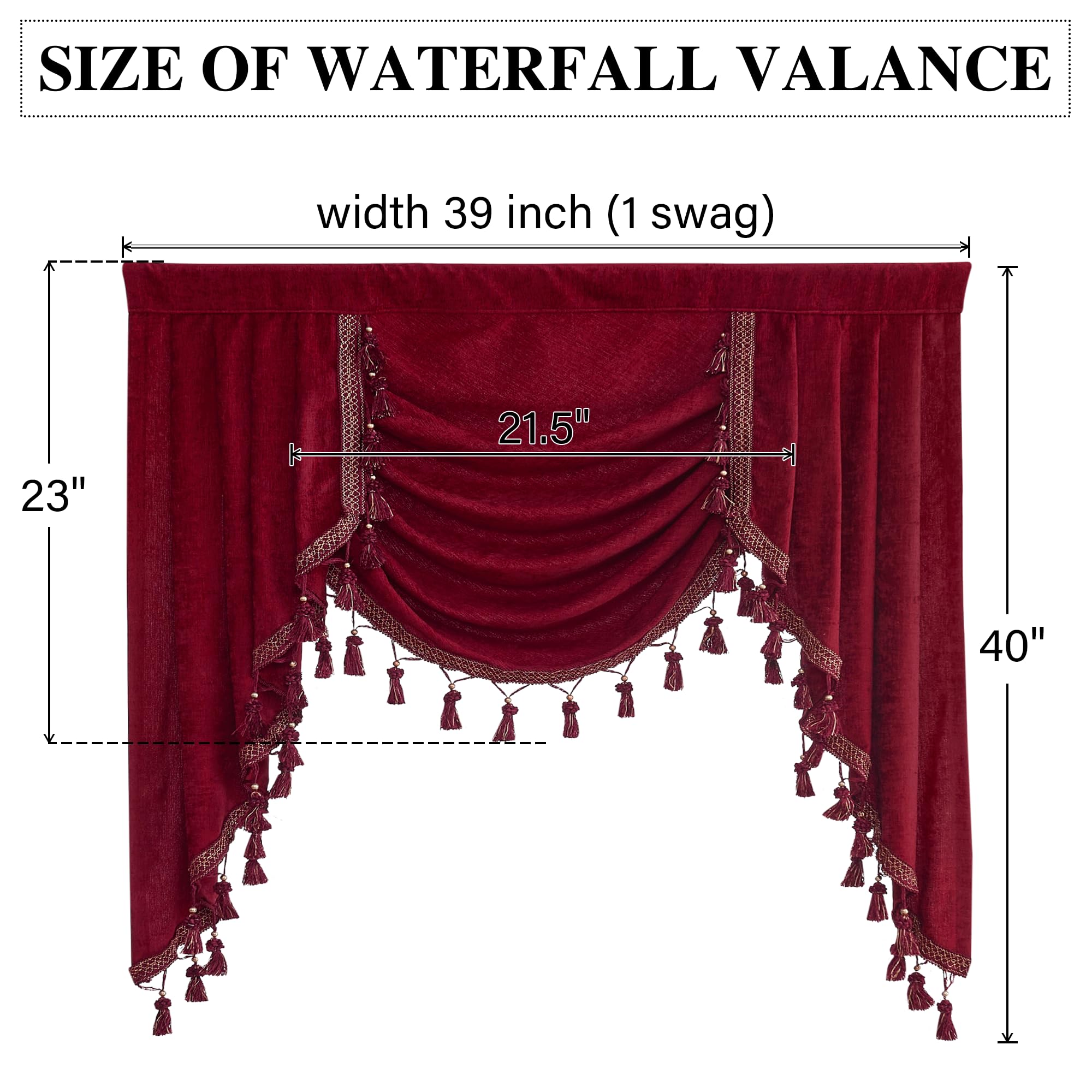 NICETOWN Blackout Kitchen Tier Curtains - Rod Pocket Waterfalll Valance/Swags for Basement Thermal Insulated Luxury Thick Chenille Curtain Valances for Bedroom (1 Panel, 39 Inches Wide, Red)