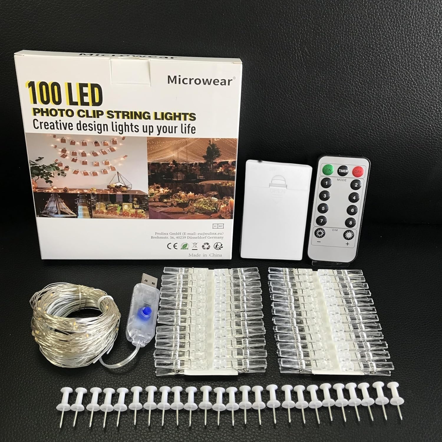 Microwear 33Ft Photo Clip String Lights - 100 LED Fairy Lights with Remote | USB & Battery Powered, 8 Modes for Bedroom & Wedding Décor