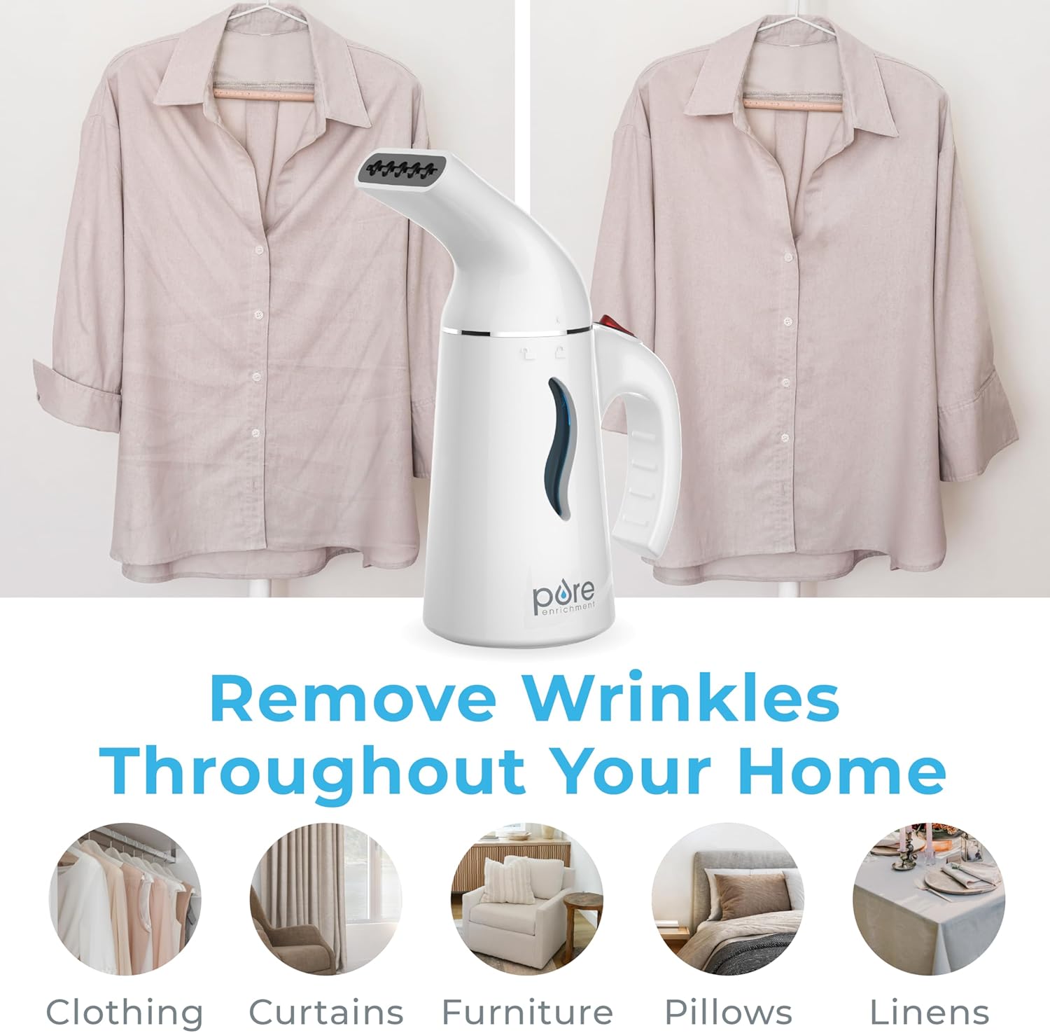 Pure Enrichment Portable Fabric Steamer - Fast-Heating Handheld Travel Steamer for All Fabrics | Lightweight & Safe (White)