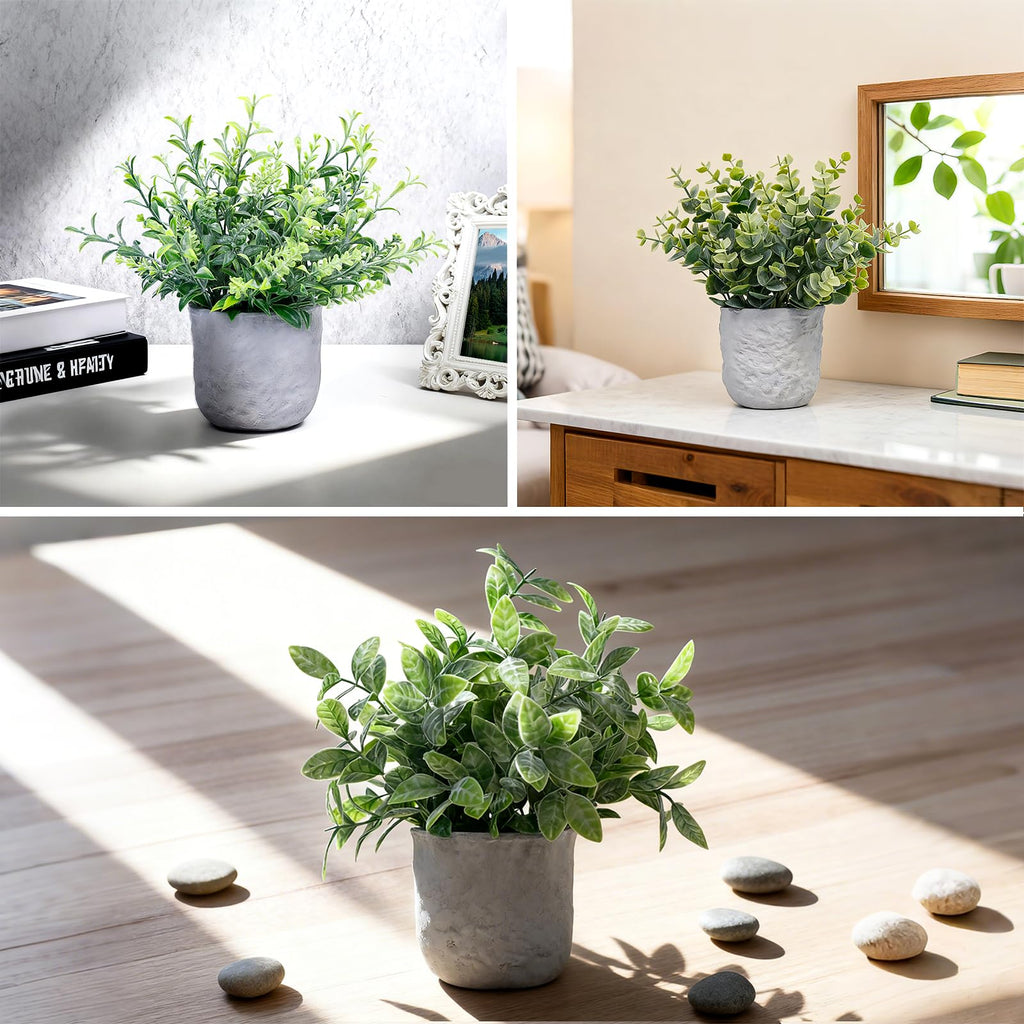 FGSAEOR Mini Potted Fake Plants, Small Artificial Greenery Realistic Plants Topiaries, Low Maintenance, for Home Office Shelf Desk Farmhouse Room Coffee Table Decor (3-Pack) (Grey (Round Pot))