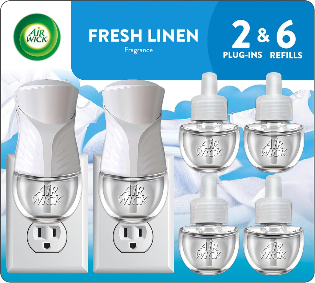 Air Wick Scented Oil Starter Kit - 2 Warmers + 6 Fresh Linen Refills | Eco-Friendly Air Freshener