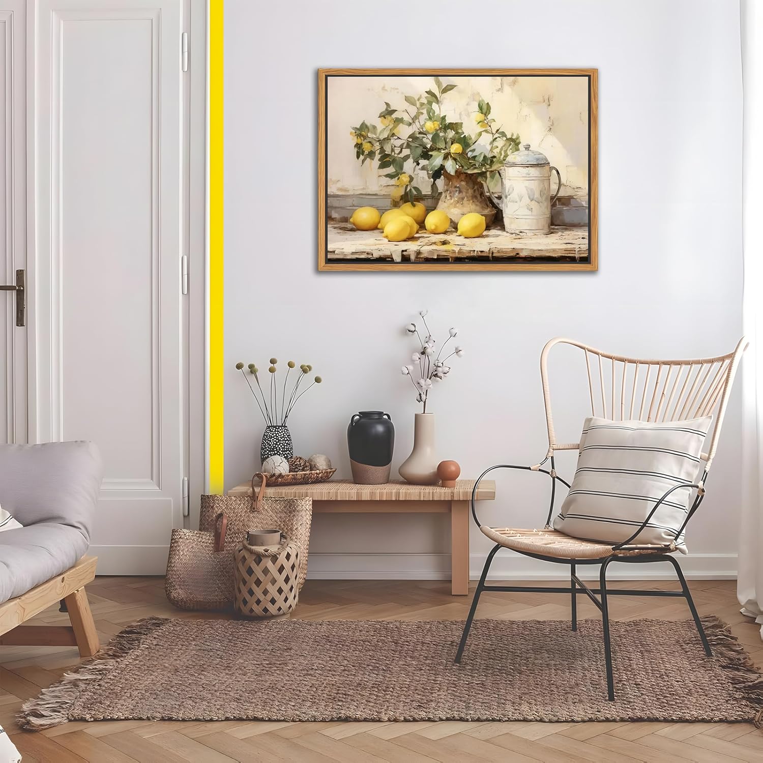 Vintage Kitchen Wall Art by Floating Framed | Yellow Lemon Still Life Canvas Print 12x16 Inch