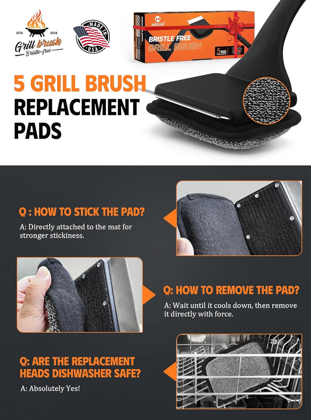 MEKER Grill Brush Replacement Pads - Ultra Safe Cleaning for Your Grill | 4-Pack
