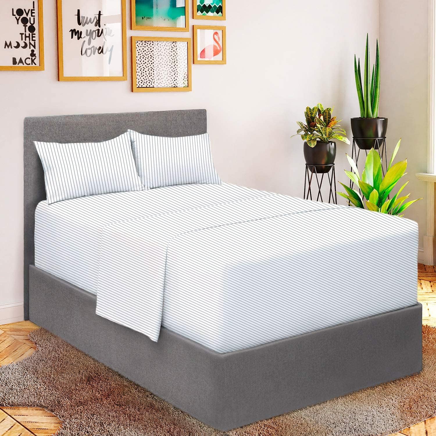 Mellanni King Sheets - 4 PC Ultra Soft Cooling Bedding Set - Hotel Luxury, Wrinkle & Stain Resistant | Pinstripe Gray