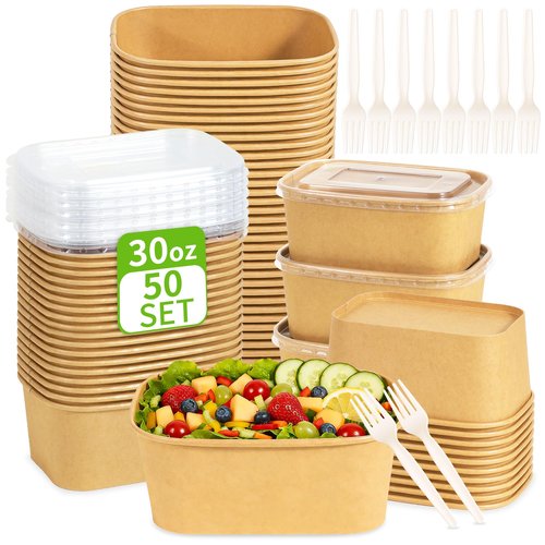 FEHHTO 50-Pack 30oz Meal Prep Containers Disposable Kraft Paper Bowls 【with Lids and Forks】, Compostable Large Heavy Duty To Go Food Containers, Microwave & Freezer Safe for Hot & Cold Foods