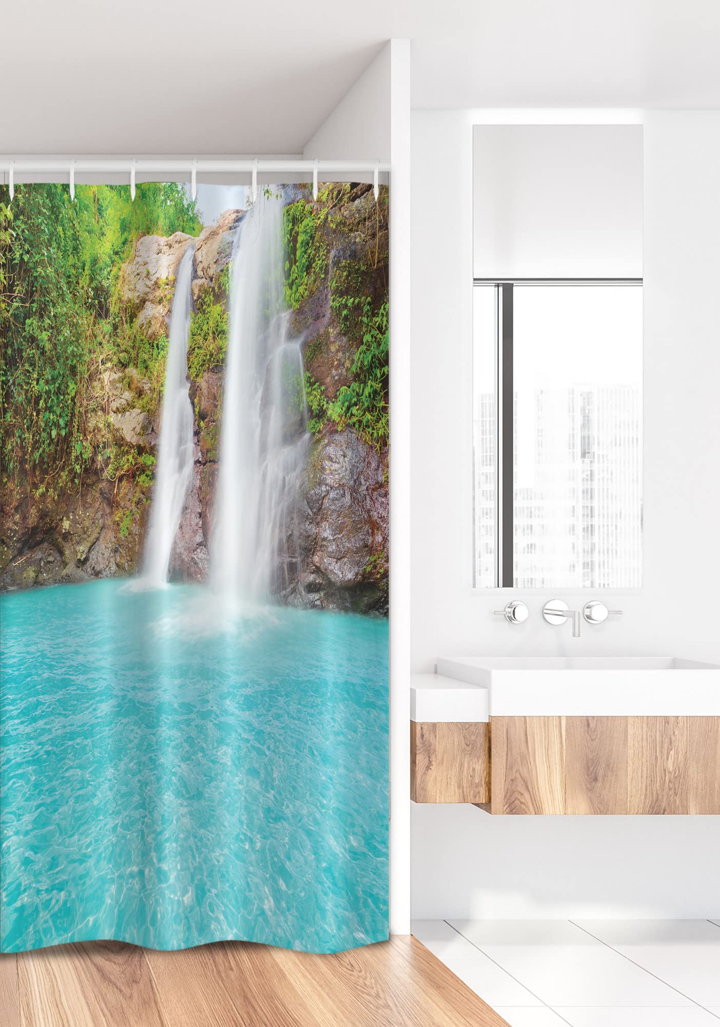 Ambesonne Waterfall Stall Shower Curtain, Waterfall and Clear Natural Pool Plants Sunbeams in a Summer Day View, Fabric Bathroom Decor Set with Hooks, 36" W x 72" L, Aqua Green Pale Brown