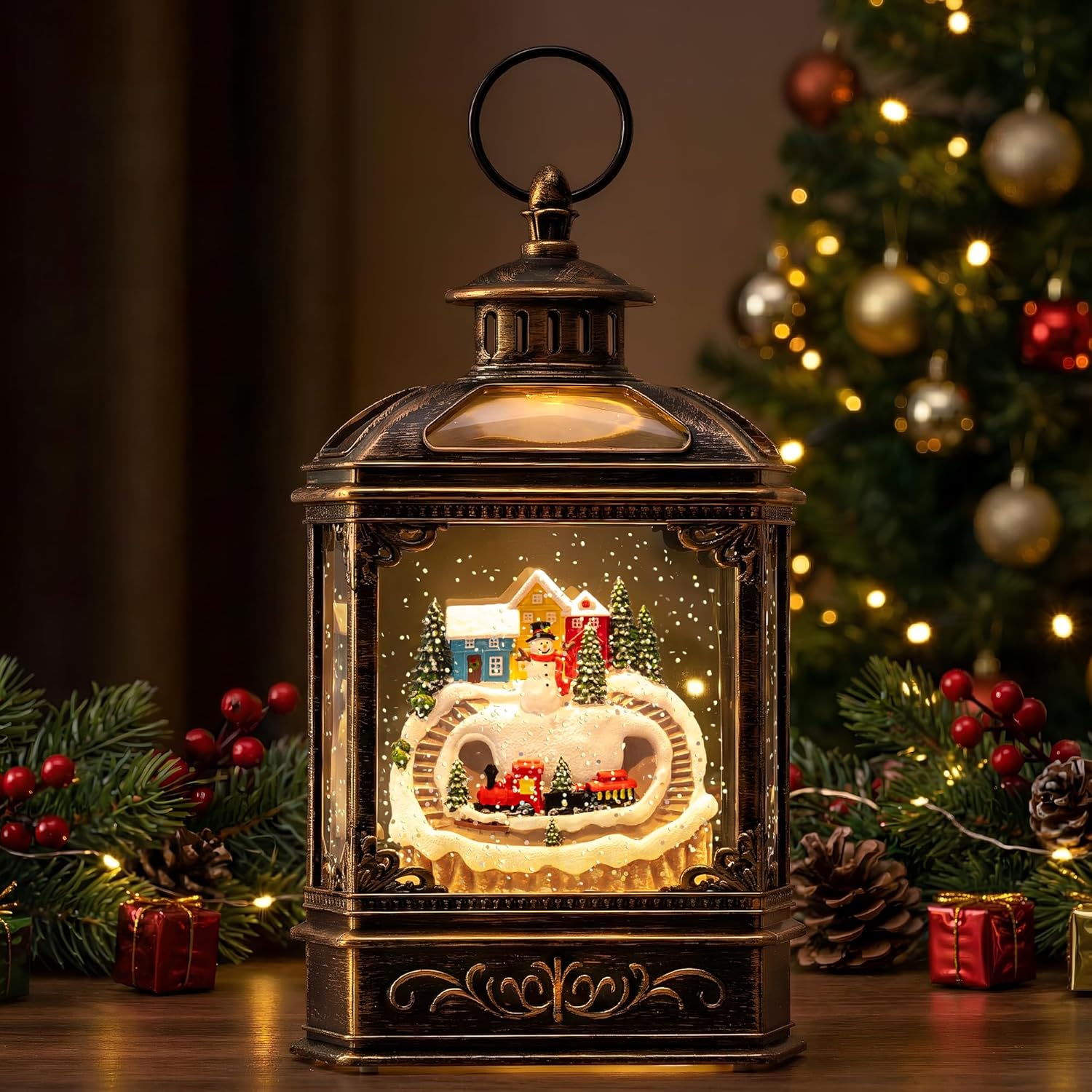 VISFLAIR Christmas Village Snow Globe Lantern - Musical Lighted Snowman & Train | Battery Operated or USB Powered