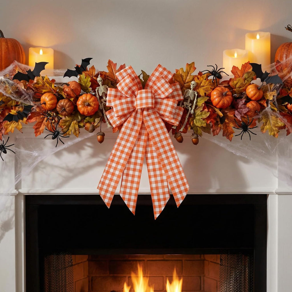 YKW Large Buffalo Plaid Bow - 20.87 Inch Black & White Farmhouse Wreath Decoration | Indoor/Outdoor Holiday Ornament
