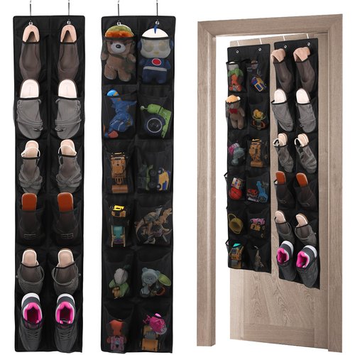 GOMAJI Over the Door Shoe Organizer, 12 Pocket, 2 Pack, Black, Mesh Storage for Shoes and Toys