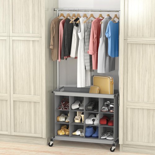 Simple Houseware Garment Rack with Extensible Haning Rod and 16 Shoes Organizer, Grey