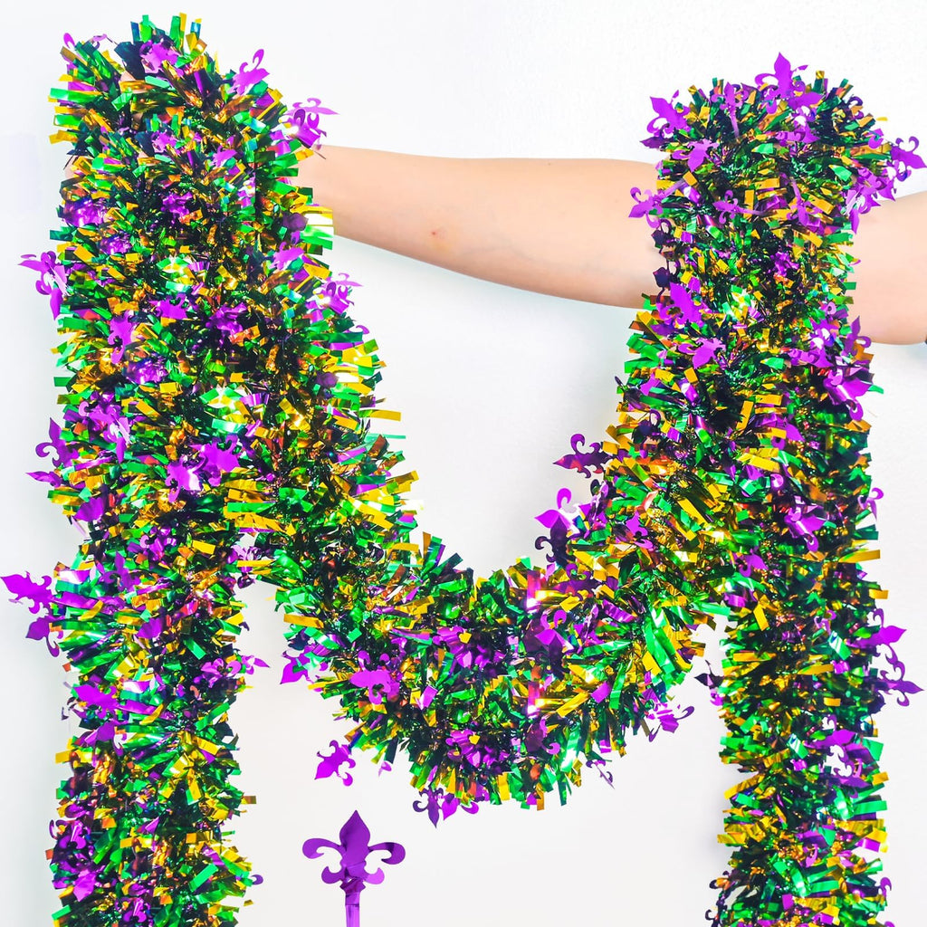 Mega-L Mardi Gras Tinsel Garland Decorations, 2 Pack 26.25Ft Green Gold Purple with Fleur-De-Lis Chunky Glittery Holiday Hanging Tinsel Decorations for Carnival Parade Car Party Supplies Home Decor