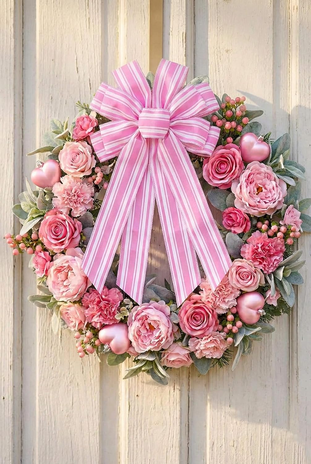 Skiennix Pink & White Striped Wreath Bow - Large 20x11 Inch Baby Shower Decor | Spring & Easter Accent