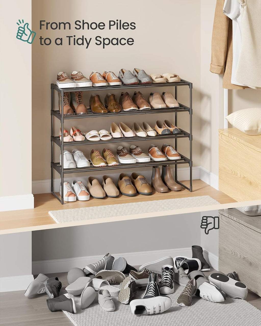 SONGMICS 4-Tier Shoe Rack - Stackable Metal Organizer for 20-25 Pairs | Black, 11.8 x 36.2 x 29.1 Inches