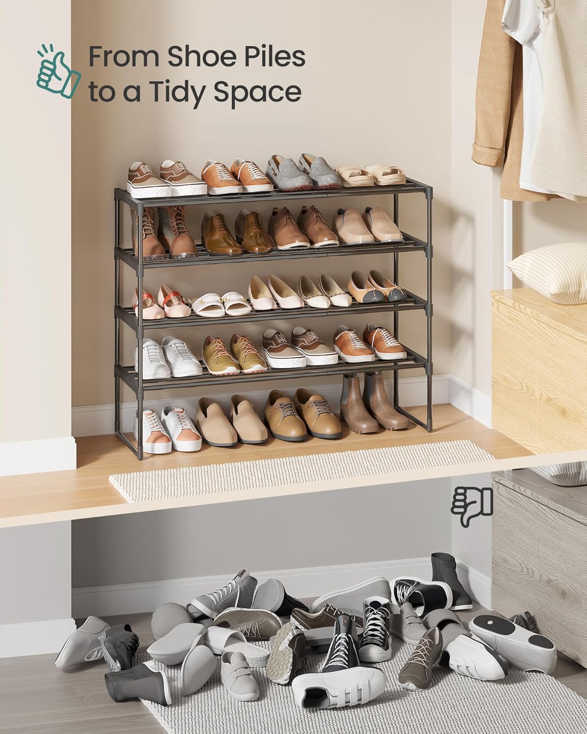 SONGMICS 4-Tier Shoe Rack - Stackable Metal Organizer for 20-25 Pairs | Black, 11.8 x 36.2 x 29.1 Inches