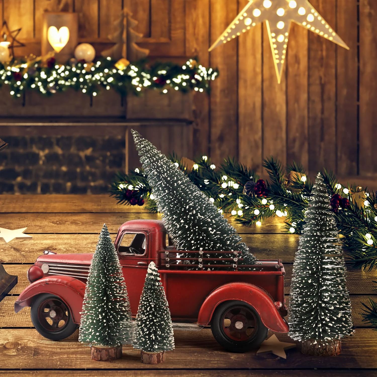 Skiennix Mini Christmas Tree - Small Pine Tabletop Decor with Wooden Base | Green - Set of 4