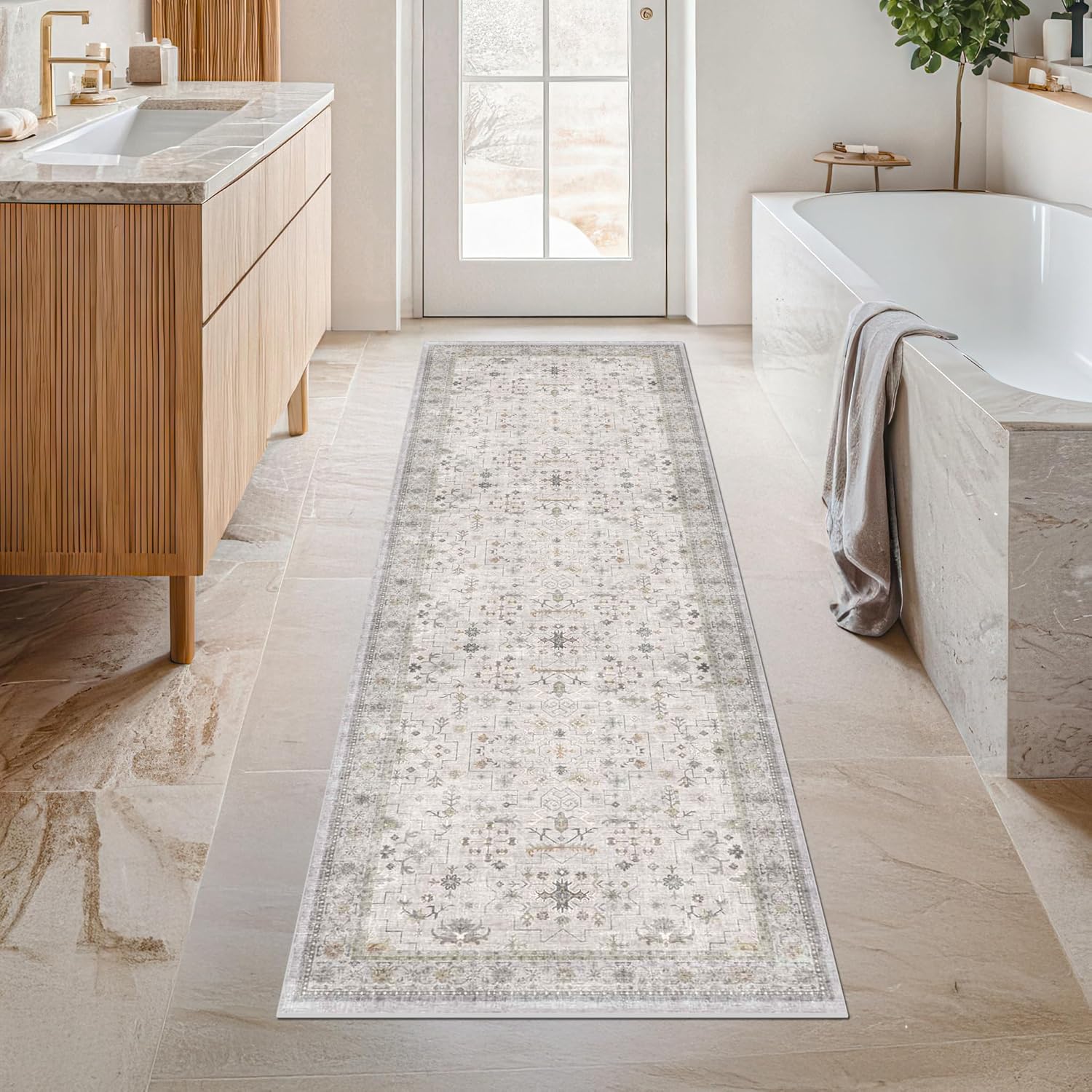 Skiennix Light Grey 2x7 Boho Runner Rug - Modern Vintage Floral Design, Washable Non-Slip for Hallway & Bedroom
