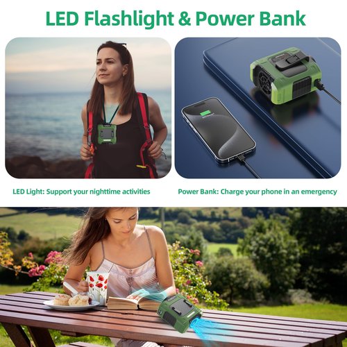 AMKEN Waist Fan, 10000mAh Rechargeable Belt Clip Fan, 24H Runtime, 49ft/s Strong Airflow, 3-Speed 7-in-1 Hands-Free Wearable with LED SOS Warning Light for Jobsite, Warehouse, Camping, Outdoor Work
