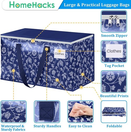 HomeHacks Extra Large Moving Bags - Heavy Duty Luggage with Smooth Zipper & Sturdy Handles | 88L Capacity, 10-Pack, Blue