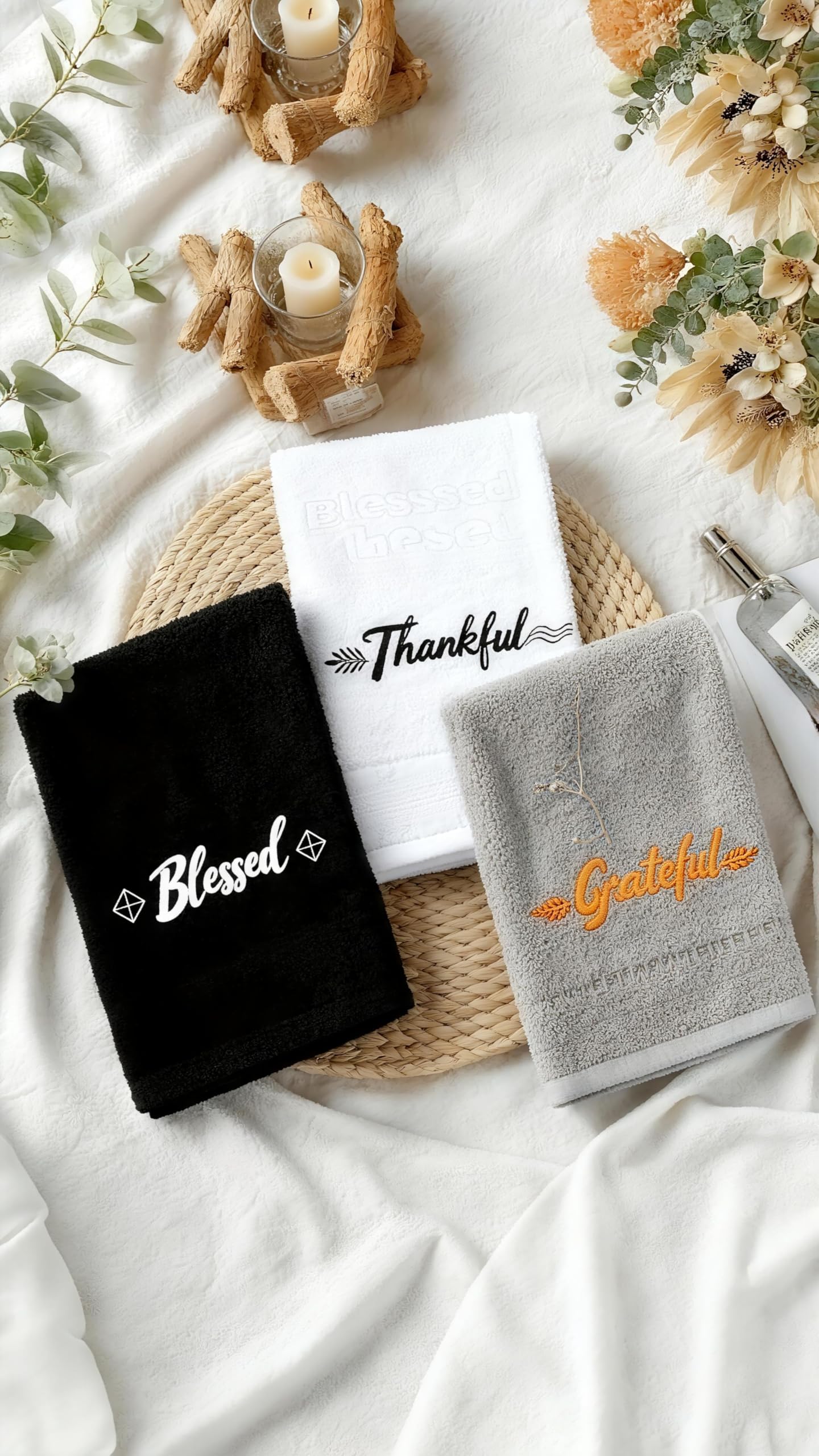 QBrand 3 Pcs Farmhouse Bathroom Decor Hand Towels 14x29 Inch Cotton Bath Towels Rustic Embroidered for Boho Kitchen Decor Inspirational Christian Gift (Blessed Thankful Grateful-C)