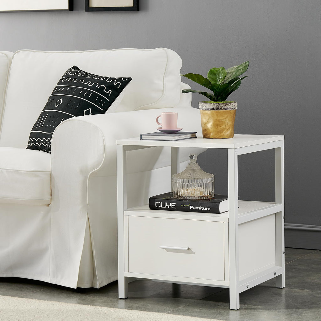 VECELO Nightstand Set of 2 with Wooden Storage Drawer Square Modern Bedside End Tables for Bedroom Living Room, Open Shelf, Industrial Metal Frame, Small Space, White