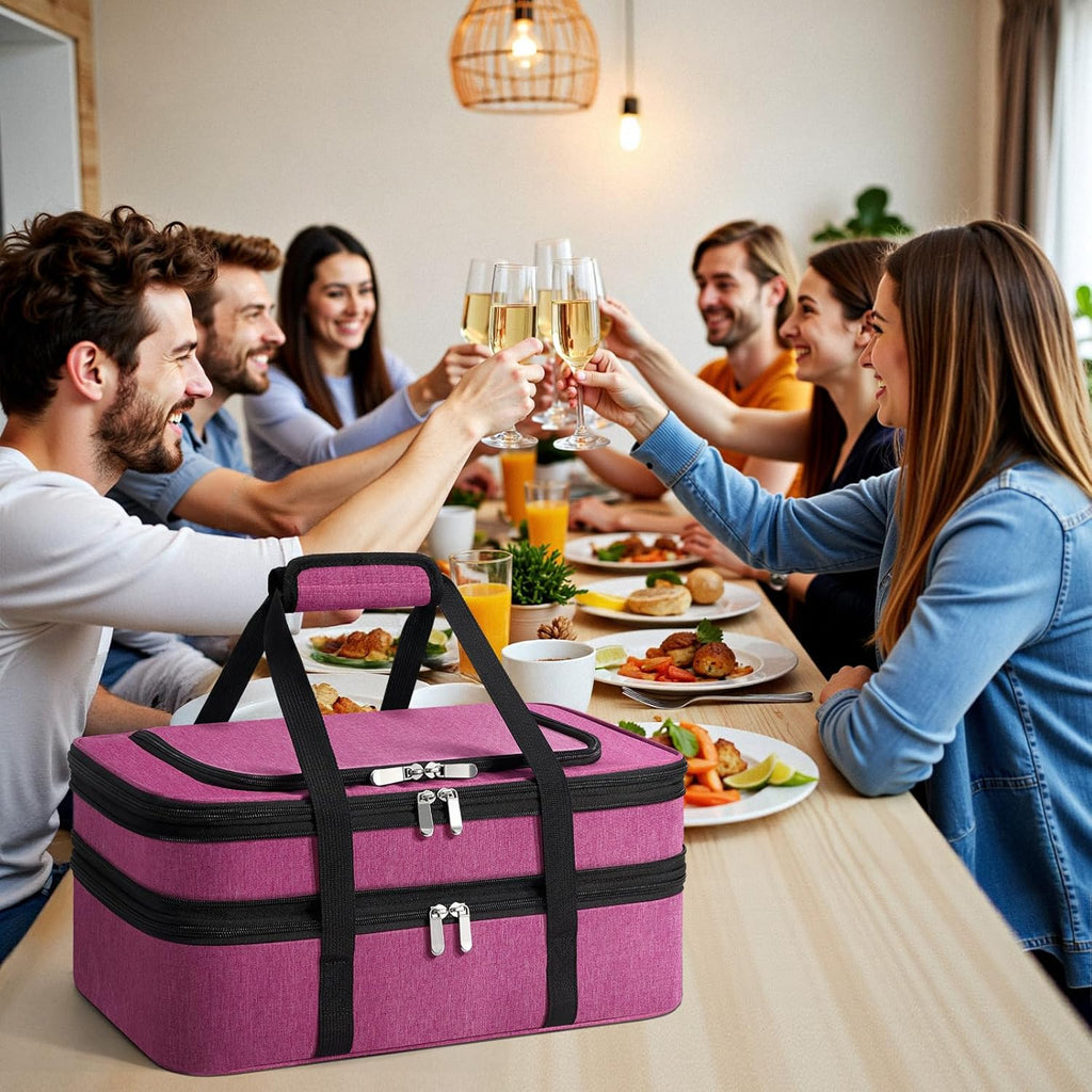 Skiennix Insulated Double Casserole Carrier - Portable Hot/Cold Food Tote for Potlucks | Fits 9" x 13" Dish - Pink