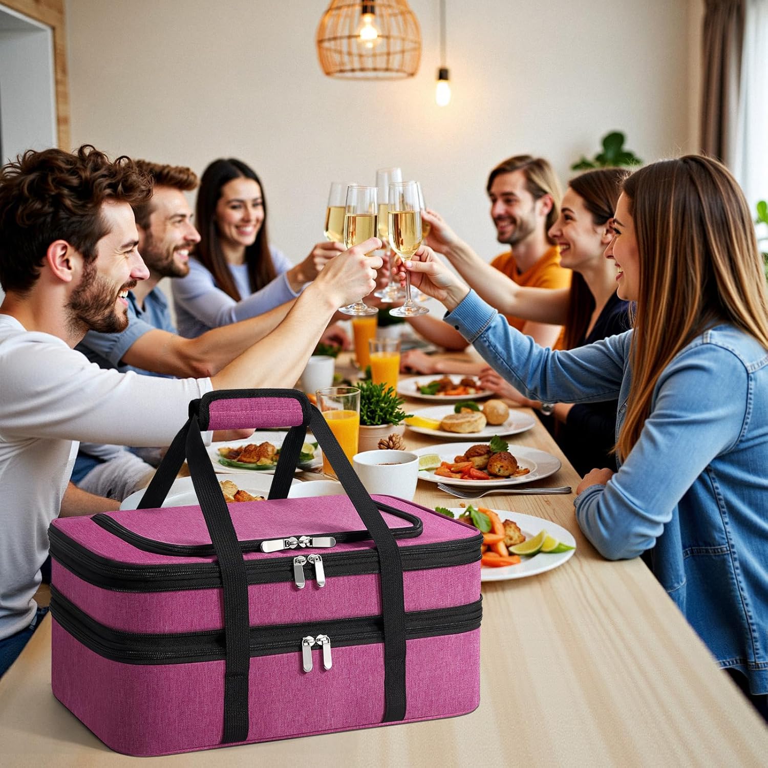 Skiennix Insulated Double Casserole Carrier - Portable Hot/Cold Food Tote for Potlucks | Fits 9" x 13" Dish - Pink