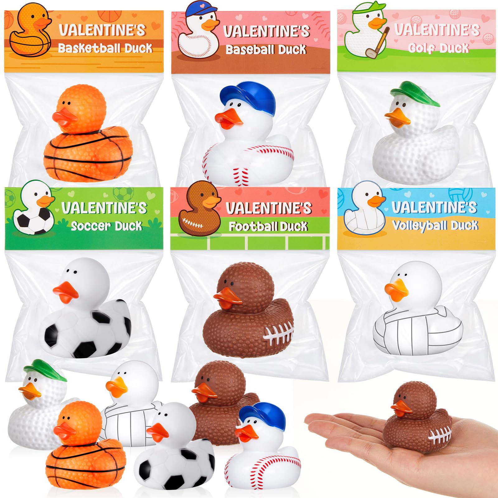 Deekin 30 Packs Valentines Gifts for Kids 2 Inches Sports Valentines Rubber Ducks Valentine's Day Exchange Gifts for Boys Girls School Classroom Prizes Cruise Ships Party Favors
