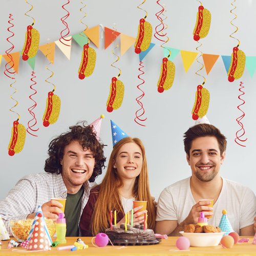 Hotdog Sign Hanging Swirl Decorations - Glitter 16 Pcs Fiesta Birthday Party Supplies - Girls Boys Birthday Party - Engagement - Wedding Streamers - Hot Dog Party Foil Swirls Ceiling Decorations