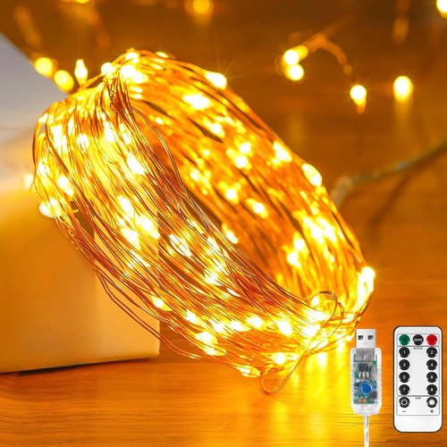 Ariceleo USB Powered Fairy Lights - 100 LED Twinkle String Lights with Remote & Timer | Silver Wire, 65.6 ft, Waterproof, Warm White