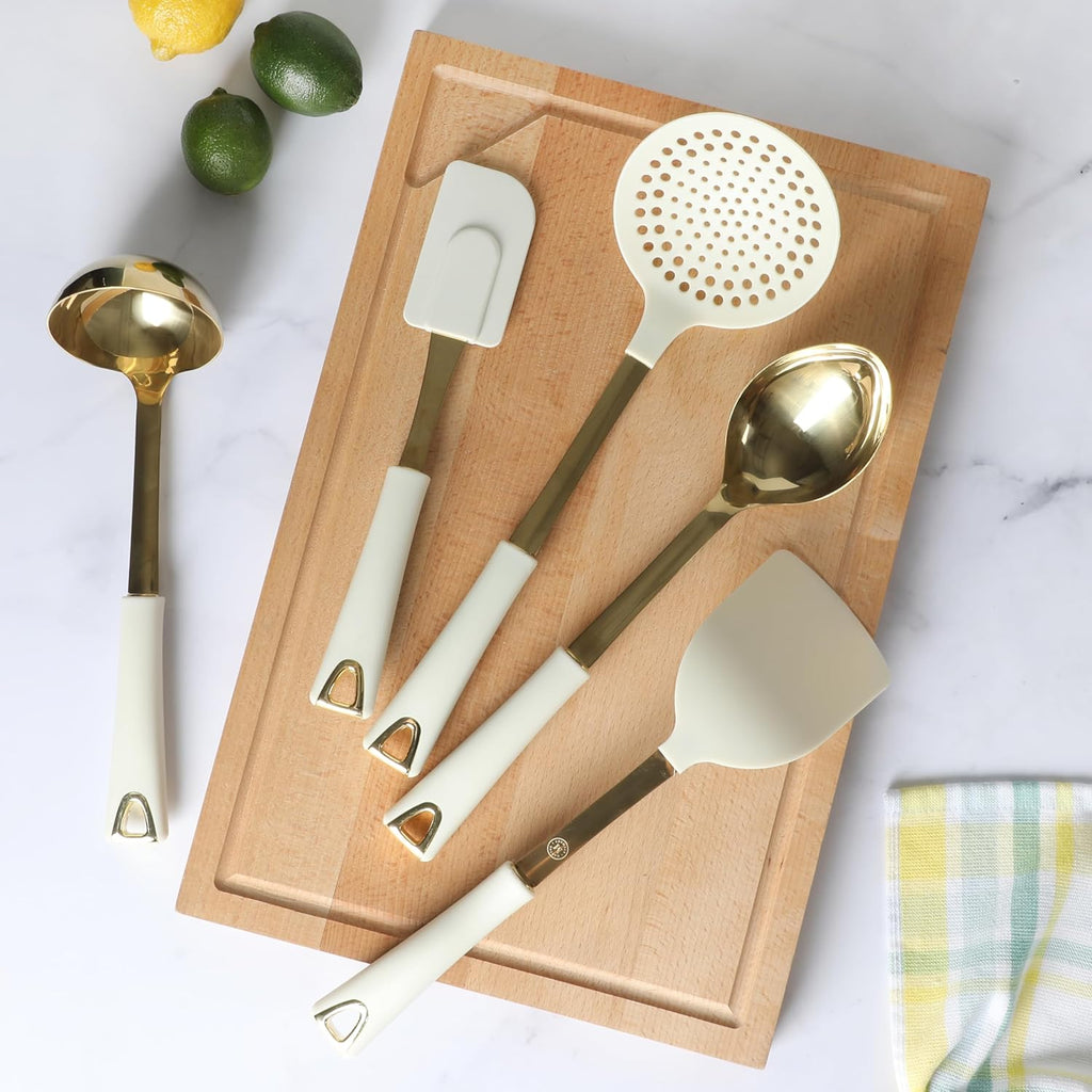 Martha Stewart Lockton 5-Piece Kitchen Tool Set - Durable Stainless Steel & Nylon Utensils with Linen Handles and Gold Accents
