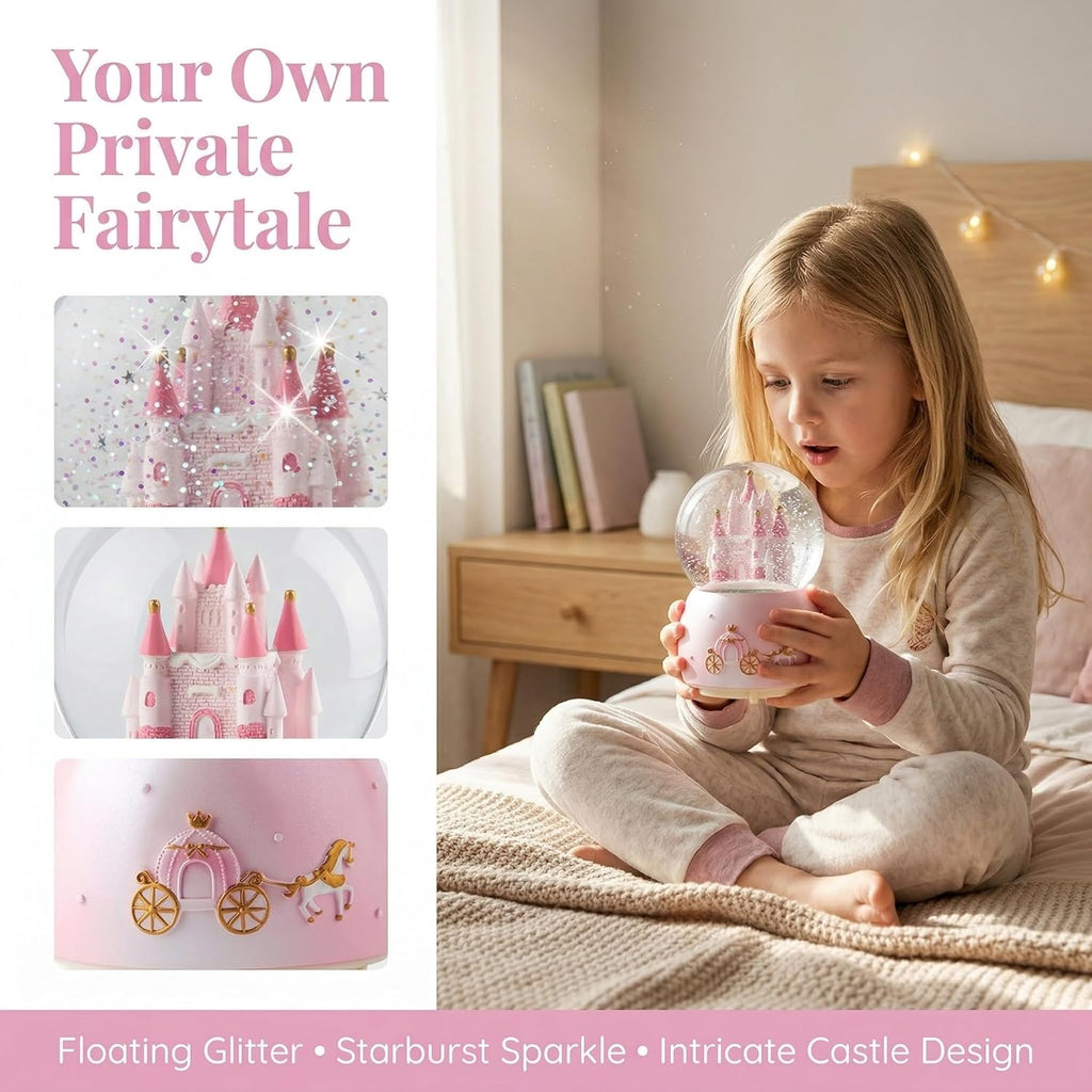 Skiennix Music Box - Crystal Carousel Rotating Unicorn Snow Globe with Colorful LED Light | Castle Pink