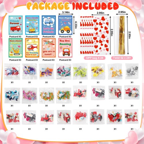 Lukfuu 24 Pack Valentines Day Gifts For Kids Classroom, Vehicles Car Building Blocks Toys with Valentines Cards for Kids Boys Girls Classroom Exchange School Rewards Party Favors Gifts