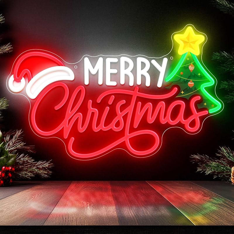 Merry Christmas Neon Sign - Wall Decor with Santa Hat (Xmas Variation)