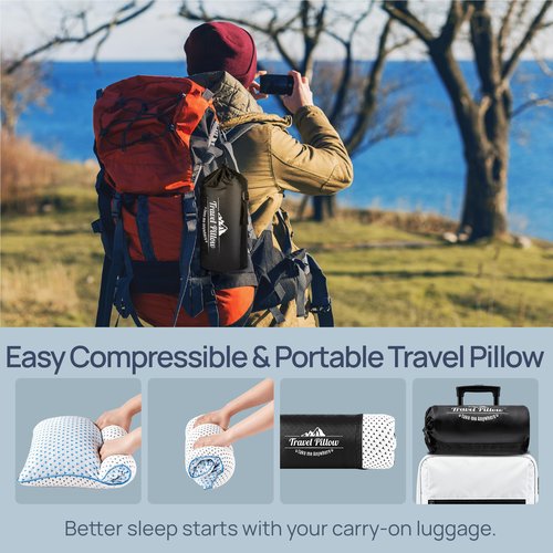 Small Cooling Memory Foam Travel Pillows for Airplanes Sleeping, Compressible Camping Pillow, Mini Adjustable Shredded Foam Bed Pillow for Medium Firm Neck Knee Lumbar Support, Ideal Car, Backpacking