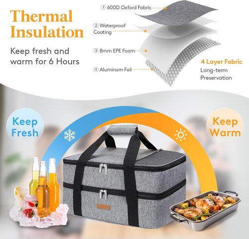 LUNCIA Insulated Double Decker Casserole Carrier - Keeps Food Hot or Cold | Fits 9" x 13" Baking Dish, Grey