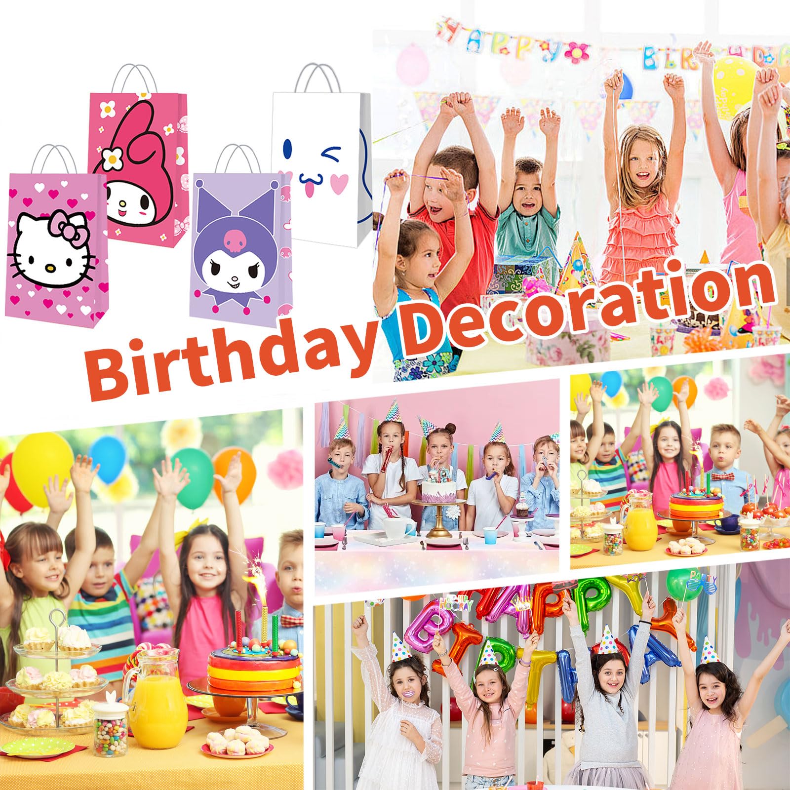 12 Pcs Cute Party Favor Bags, 4 Patterns Double Sided Printed Candy Goodie Treat Bags with Handle, Cartoon Pink Birthday Party Supplies for Kids