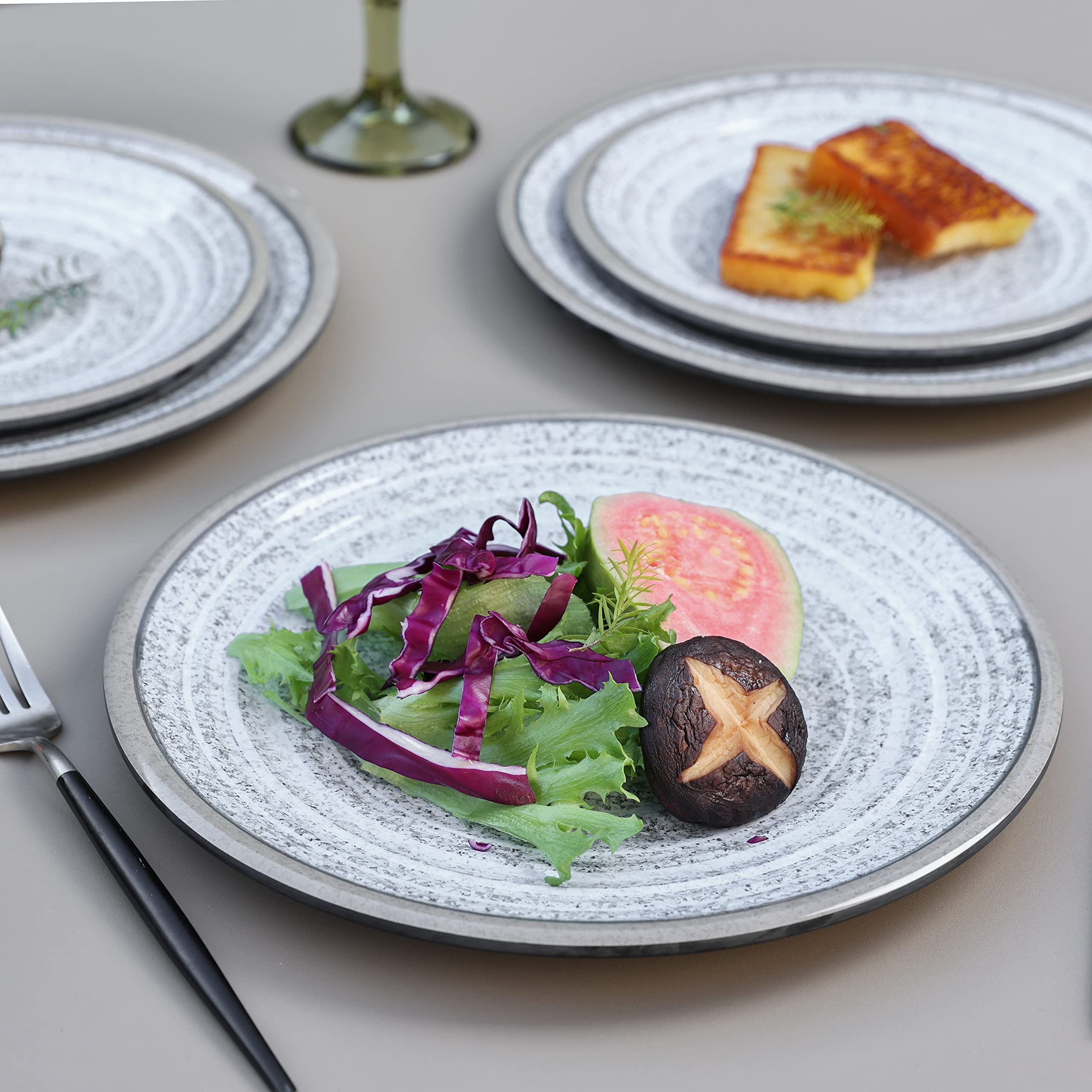 Melamine Dinnerware Sets 12 PCS - Service for 4 Plates & Bowls Sets Dishwasher Top-Shelf Safe, BPA Free Dinner Dishes Set for Everyday Use-Granite Pattern Black Back