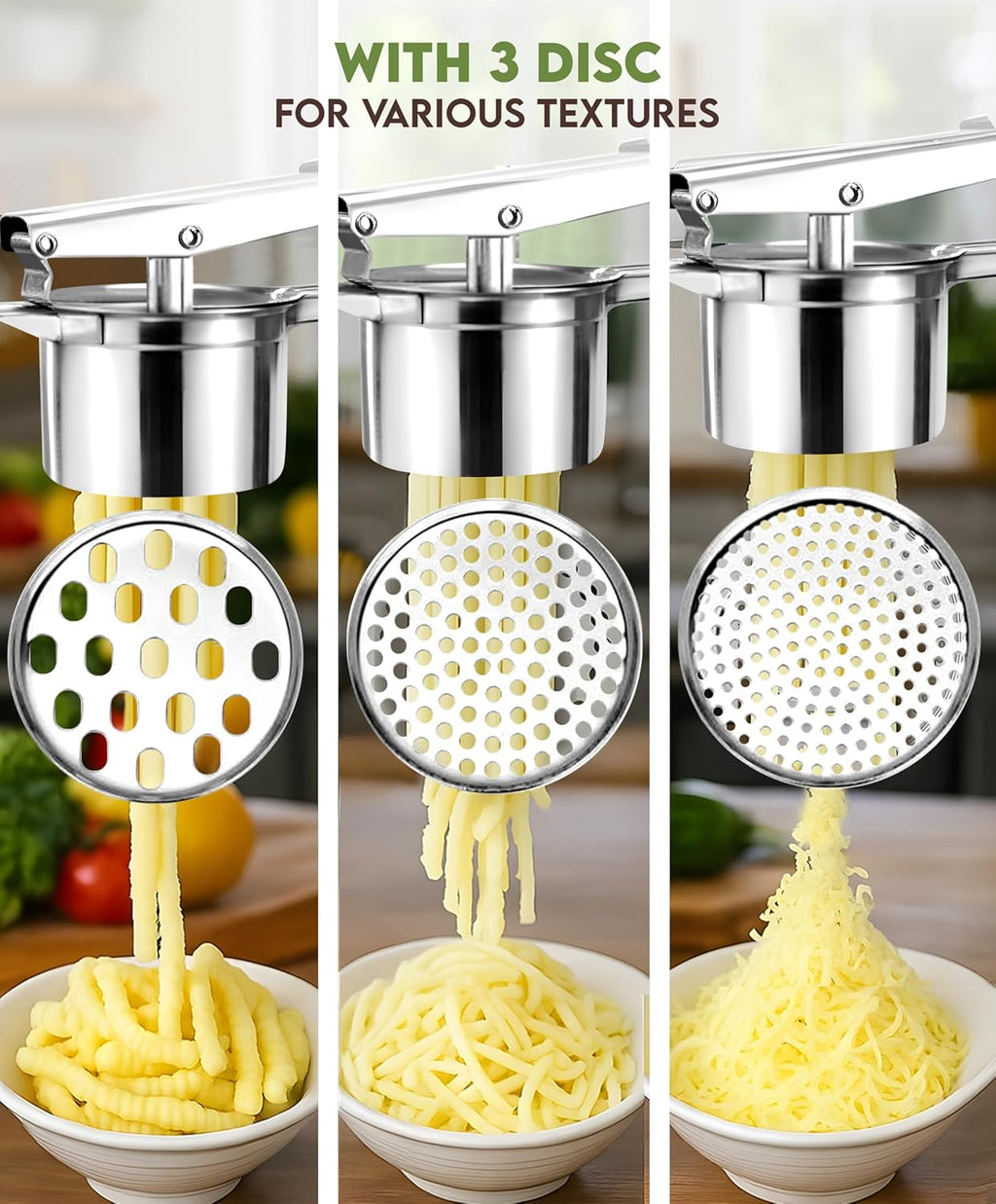 Regine Switzerland 15oz Potato Ricer - Heavy Duty Stainless Steel Masher with 3 Discs | Non-Slip Baby Food Squeezer