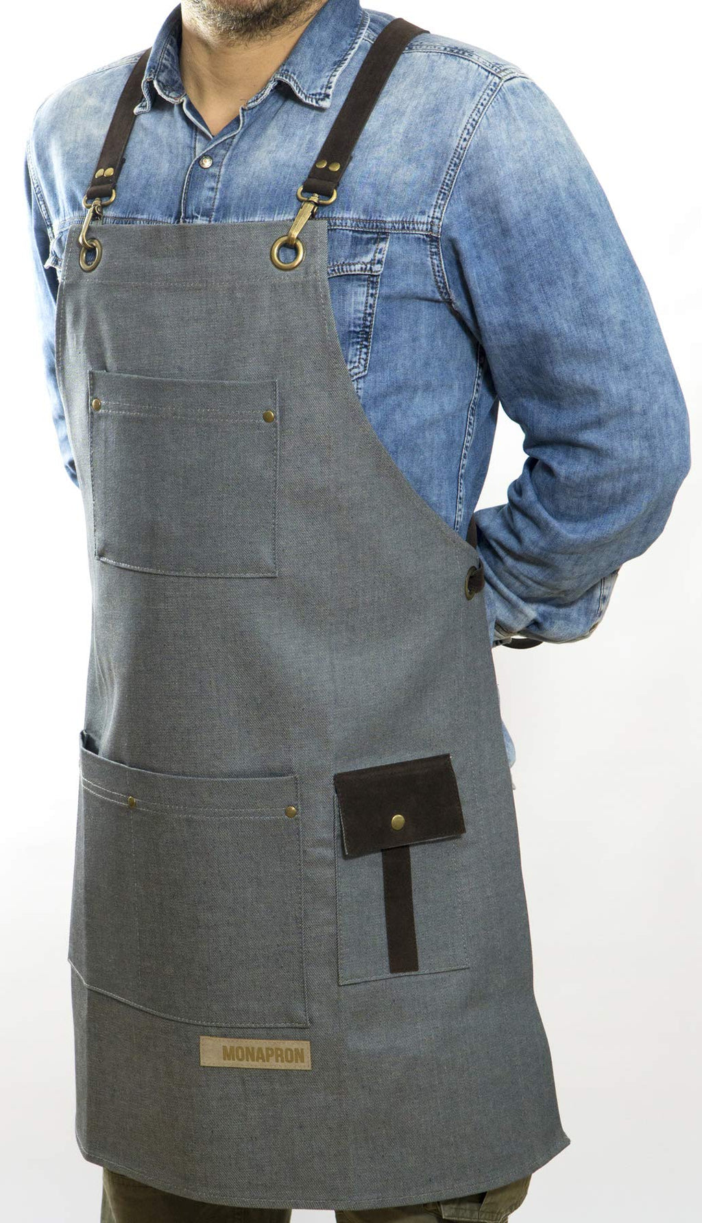 MONAPRON Denim Unisex Women and men Chef Apron with Vegan Leather Extra Pockets Adjustable Straps, Cooking Kitchen Apron for Wife Husband, Grill BBQ Server, Bartenders, Gardening Baking gray