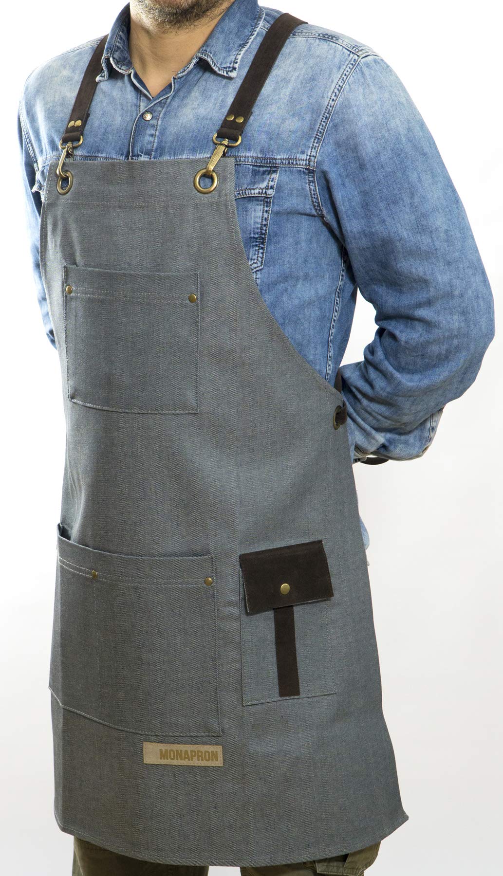 MONAPRON Denim Unisex Women and men Chef Apron with Vegan Leather Extra Pockets Adjustable Straps, Cooking Kitchen Apron for Wife Husband, Grill BBQ Server, Bartenders, Gardening Baking gray