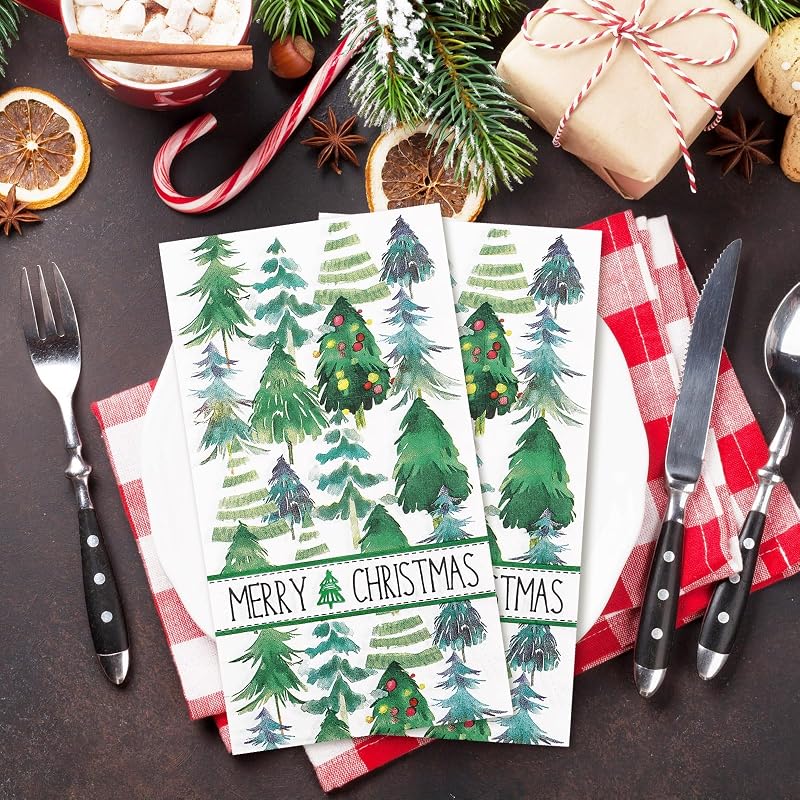 Green Christmas Tree Napkins 80 Pcs 4.3x7.8in Folded 13x15.7in Unfolded - 3-Ply Guest Paper Party Napkins
