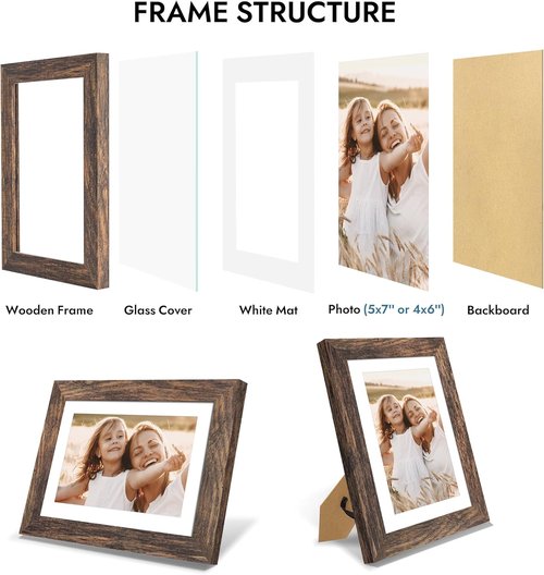 Hongkee 5x7 Picture Frame - Rustic Brown Wooden Frame for 4x6 or 5x7 Photos | Wall & Tabletop Display