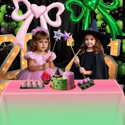 AFZMON 1 Pack Witch Birthday Party Decorations Tablecloth, Pink and Green Disposable Rectangle Plastic Table Decors Cloth for Kids Baby Shower Wedding Party Supplies, 54 x 108Inch