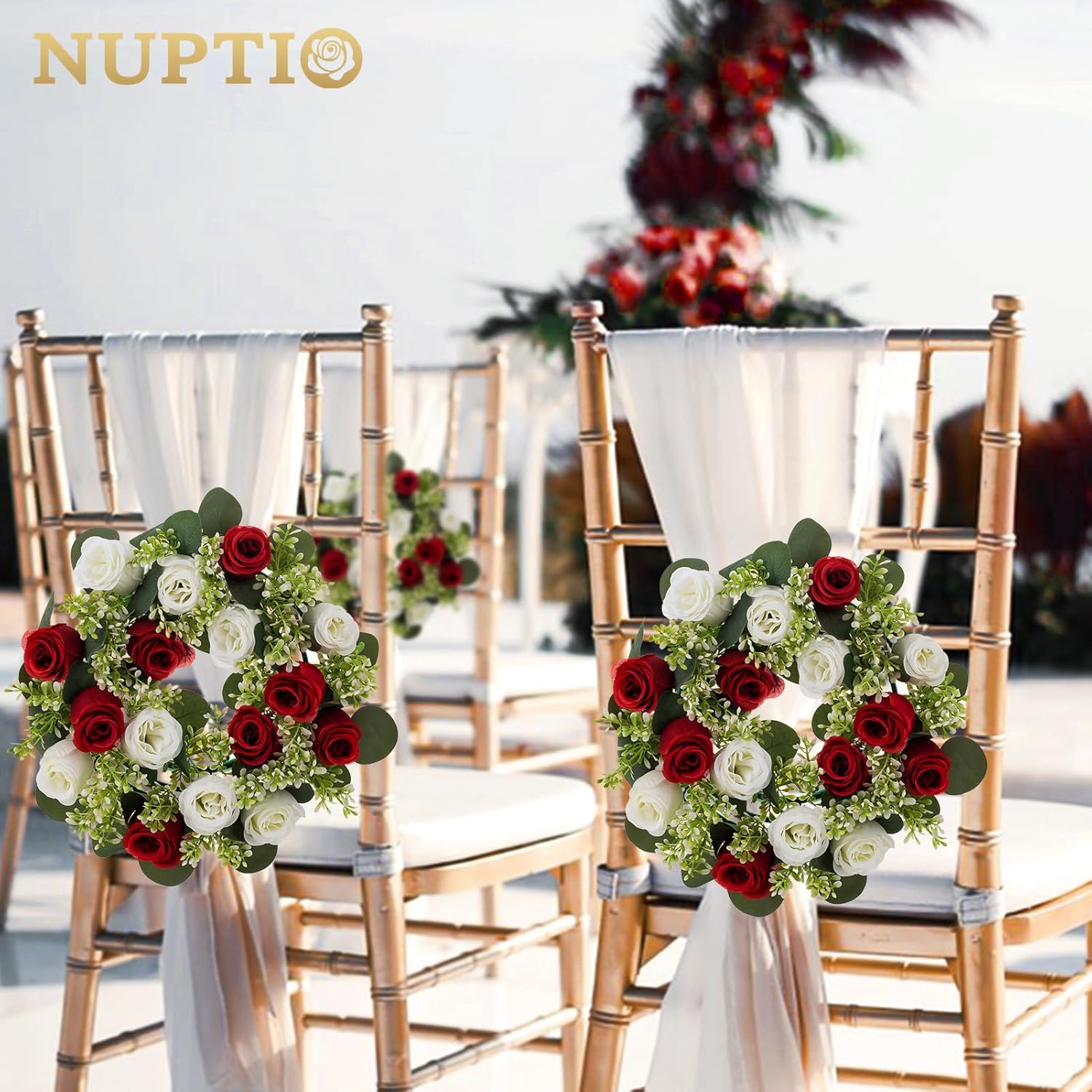 NUPTIO Candle Rings - 13.4 Inch Crimson & White Flower Rose Wreaths for Weddings & Christmas Decor | 2 Pcs