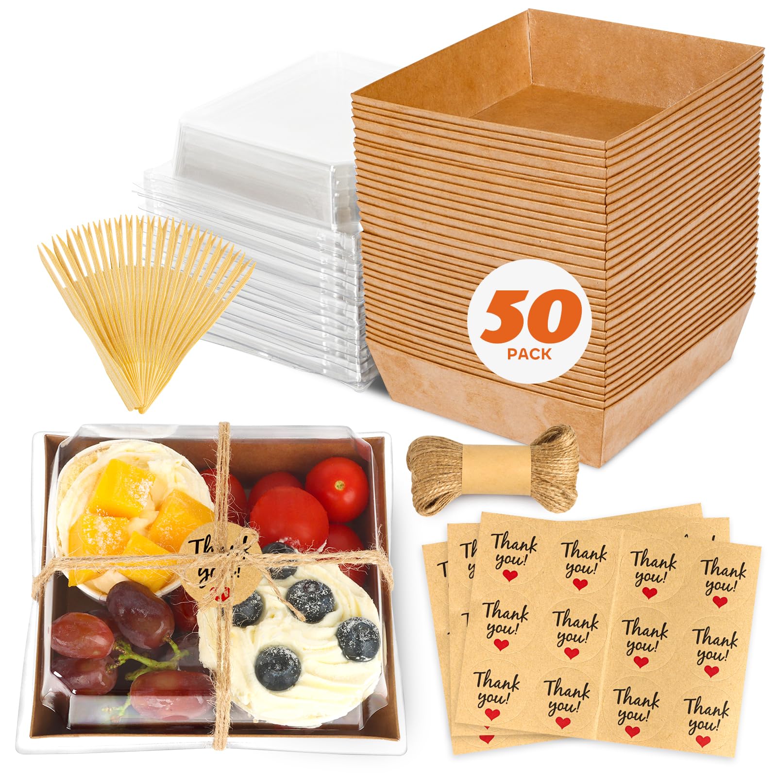 LNDIEHS 50Pcs Small Kraft Charcuterie Boxes with Clear Lids - Paper Mini Appetizer Plates for Sandwich, Cookie, Sushi, Cake Slice, and Strawberries