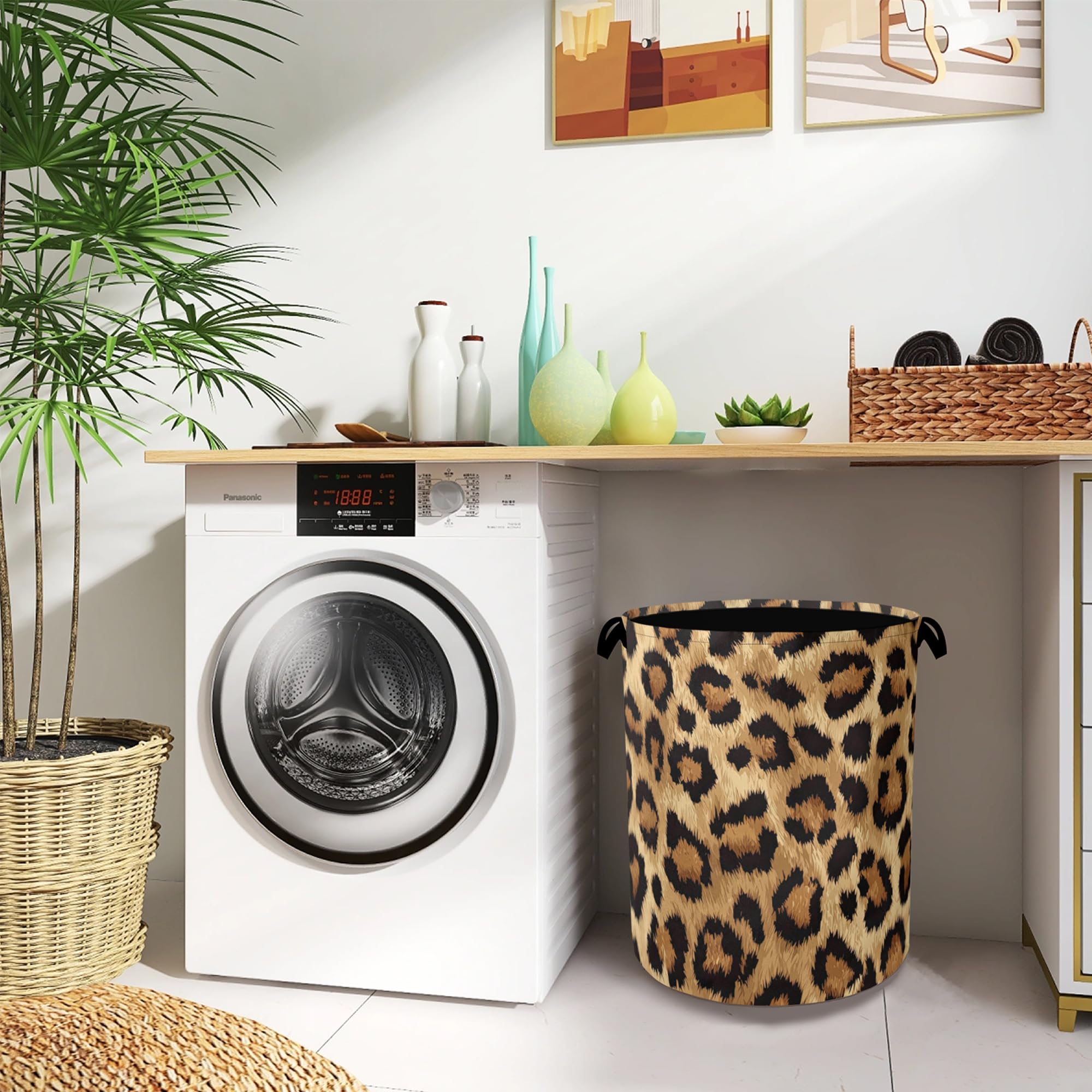 Brown Leopard Laundry Basket,Foldable with Handles Tote Bag Oxford Cloth for Bathroom Bedroom Dirty Clothes Storage Bucket 16" x 20.8"