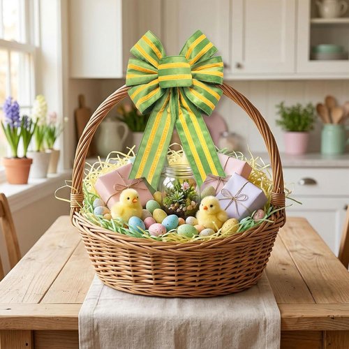 Hying Easter Wreath Bows - 2-Piece Yellow Green Striped Burlap Decor for Front Door & Parties