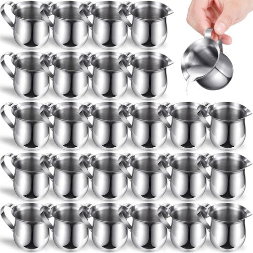 Potchen 24 Pack Stainless Steel Bell Creamers 3 Ounce Creamer Pitcher Mini Coffee Milk Pitchers with Handle and Pouring Spout Cups for Serving Espresso, Tea, Milk, Maple Syrup, Sauce