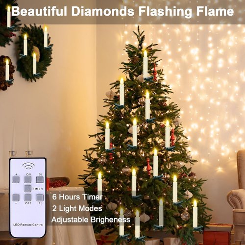 LED Christmas Candles - Flickering Flameless Taper Candles with Remote Timer | Warm White Light, Set of 20